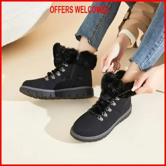 Women's Winter Ankle Boots PU Leather Lace Up Zipper Warm Fuzzy Snow Boots